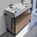 Console Bathroom Vanity, Scarabeo 5142-SOL1-89, Console Sink Vanity With Double Ceramic Sink and Natural Brown Oak Drawer
